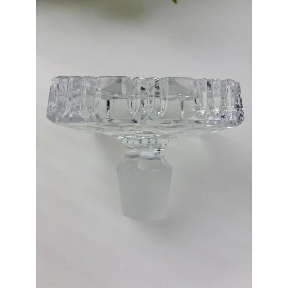 Cut Crystal Decanter Square Diamond Cut 16 Point Star Base w Faceted Stopper Vtg
